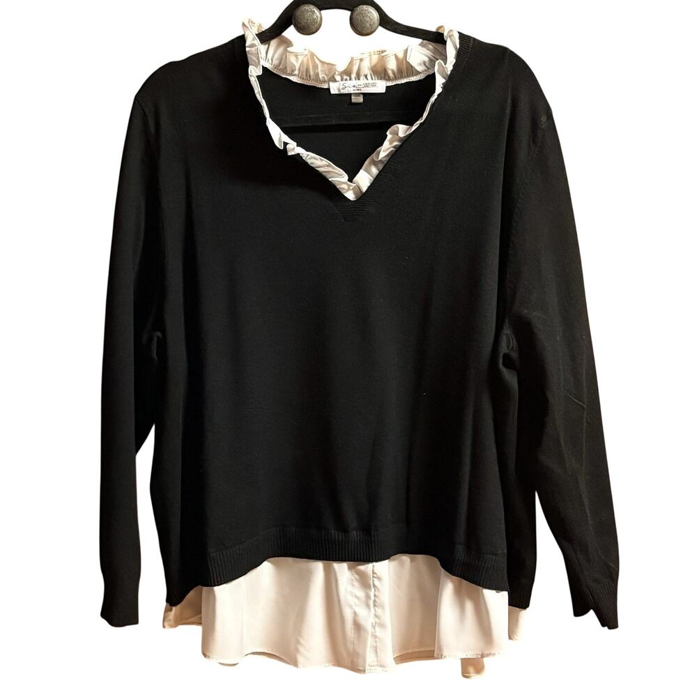 Sioni Milano Sweater 2X Womens Black w/ White Ruffle & Tail Long Sleeve V Neck